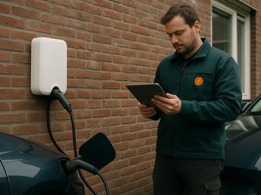 Witte thuislaadpaal aan een bakstenen gevel met een elektrische auto aan de laadkabel